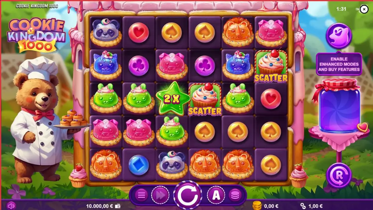 Tampilan visual ceria dari slot Cookie Kingdom 1000 dengan tema beruang pembuat kue