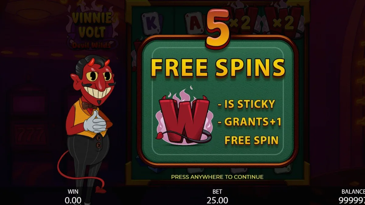 Vinnie Volt: Devil Wilds slot gameplay featuring the dapper devil host
